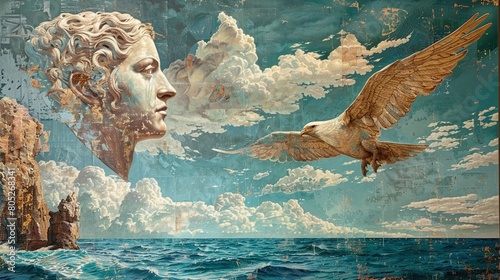 Bird seye of Perseus flying over the ocean, Medusas head in hand , Ideogram photo