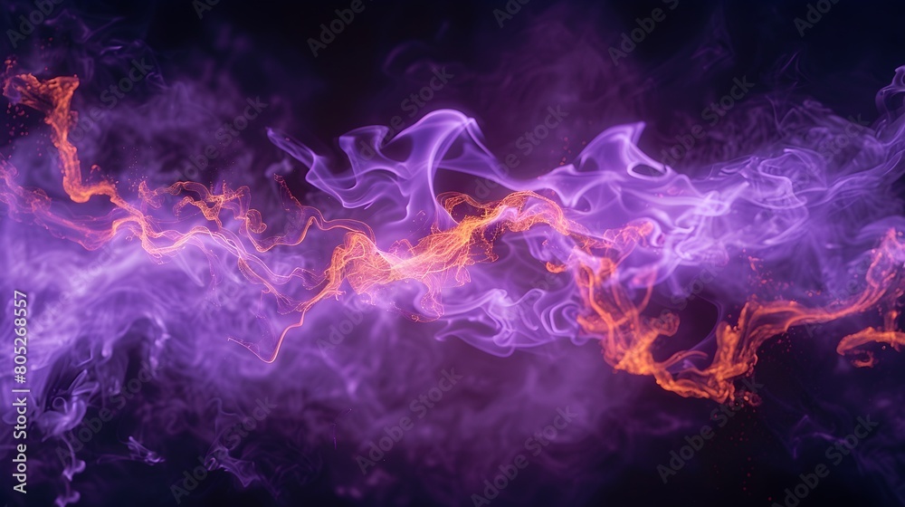 Abstract fluid art with swirling purple and orange hues, featuring electric light streaks and floating particles. Abstract concept for digital art and design.