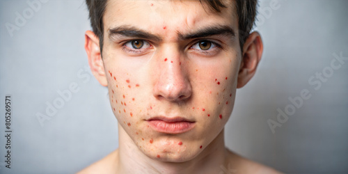 A young man’s face with acne, highlighting the importance of facial skincare and organic treatments. The popular topic of proper and improper nutrition for teenagers. photo