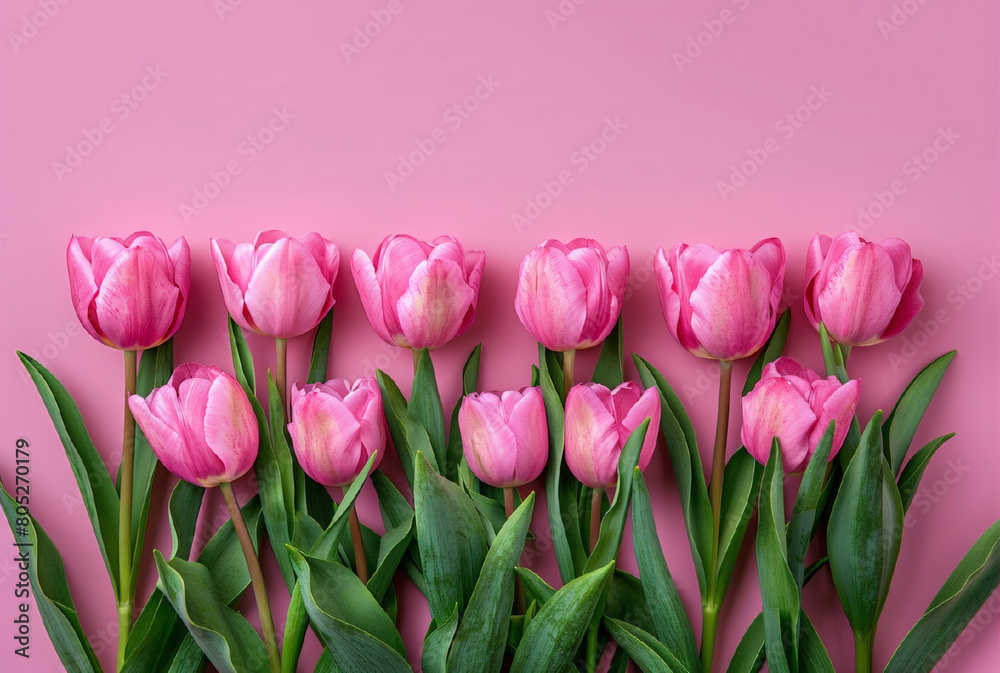 Flat lay border of tulips on a light pink background. Greeting card for woman or mothers day, Easter, wedding, Birthday.  Botanical illustration template with copy space.