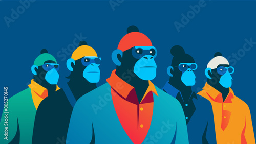 Creative animal concept. Ape in a group, vibrant bright fashionable outfits isolated on solid background advertisement, copy text space. birthday party invite invitation banner photo