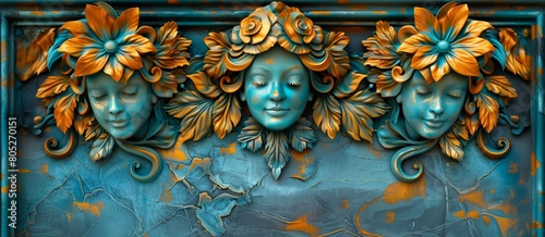 Close-up of an ornate blue and gold relief sculpture featuring three serene female faces with floral elements, art and architecture concept.