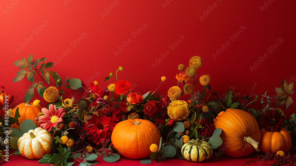 Fresh pumpkins and beautiful flowers on red background