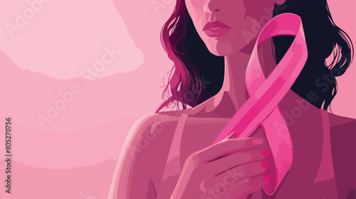 Woman holding pink ribbon closeup. Breast cancer concpt photo