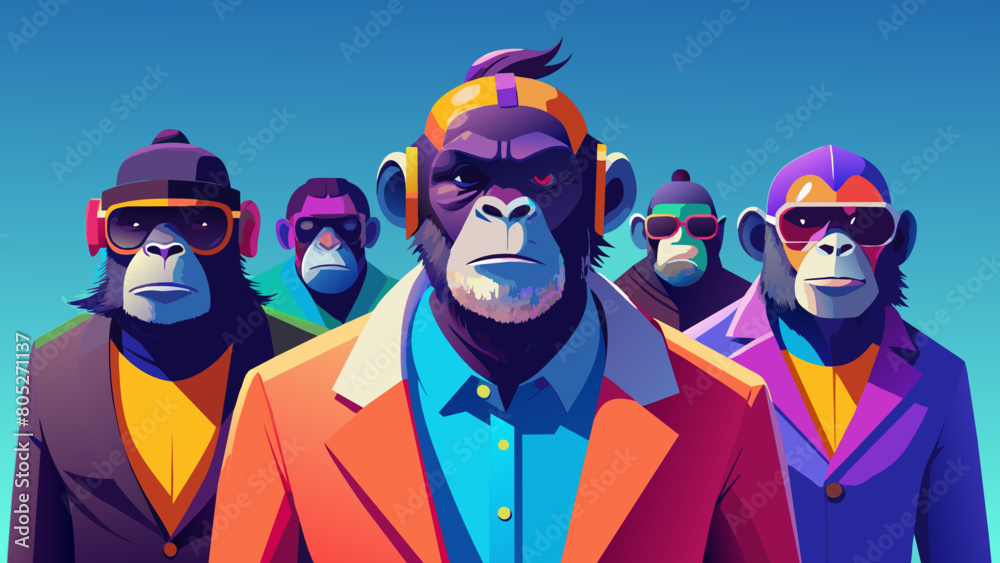Creative animal concept. Ape in a group, vibrant bright fashionable outfits isolated on solid background advertisement, copy text space. birthday party invite invitation banner