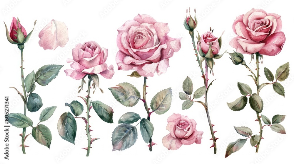 A collection of elegant watercolor roses in various stages of bloom, from bud to full bloom, using soft pinks and deep reds to capture the romance of the flower A collection of elegant watercolor roses in various stages of bloom, from bud to full bloom, using soft pinks and deep reds to capture the romance of the flower