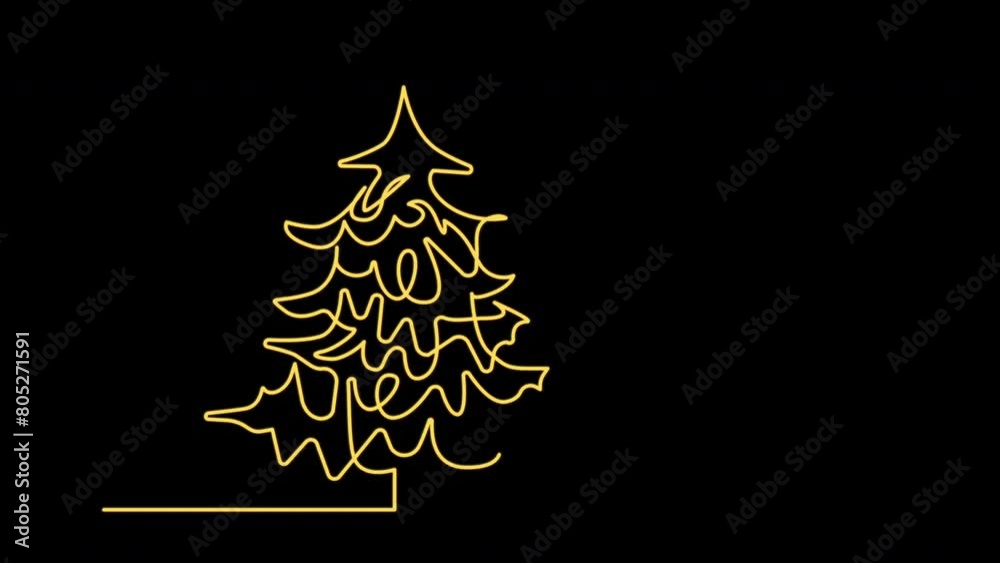 New Year tree, Christmas tree self drawing animation. Golden spruce and christmas colorful decorations.	