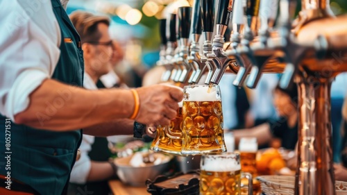 scene at an Oktoberfest beer stand, with a charismatic vendor in traditional dress pouring frothy beer from taps into steins, with eager patrons waiting