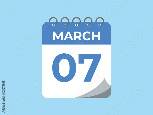 March 7 calendar reminder. 7 March daily calendar icon template. Calendar 7 March icon Design template. Vector illustration
