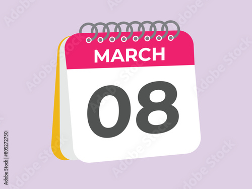 March 8 calendar reminder. 8 March daily calendar icon template. Calendar 8 March icon Design template. Vector illustration
