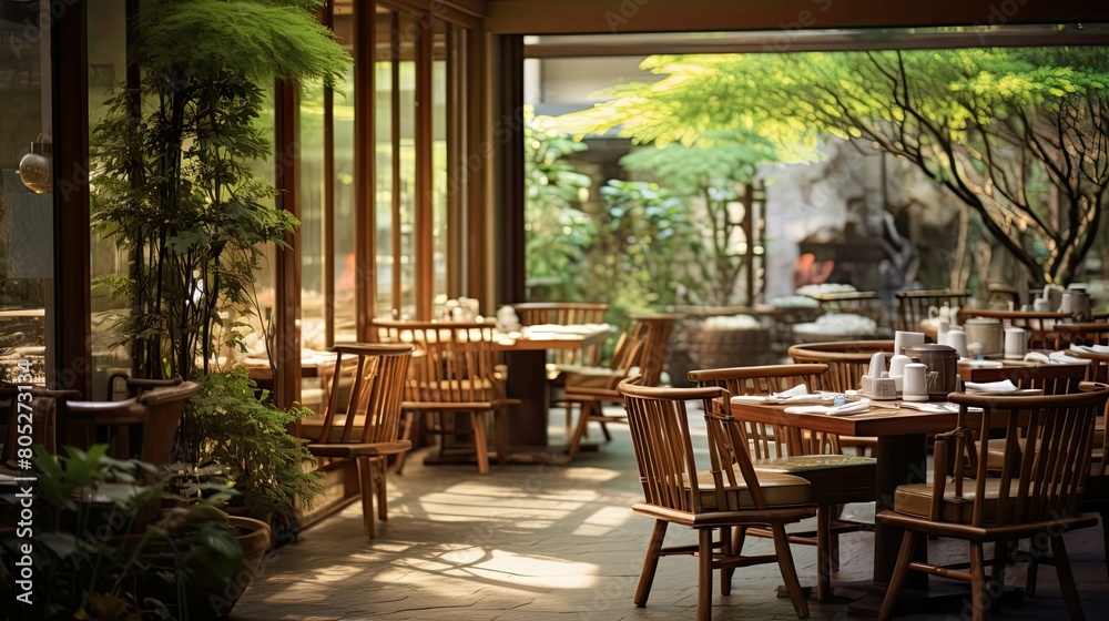 garden blurred asian restaurant interior