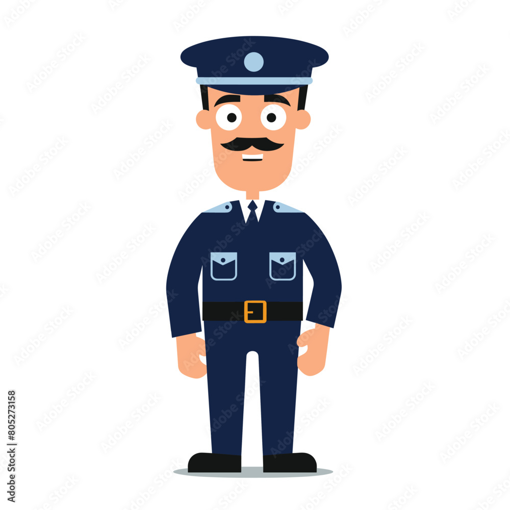 Policeman cartoon character standing confidently, wearing police uniform, mustache, smiling expression. Friendly officer illustrated childrens book, educational materials, isolated white background Policeman cartoon character standing confidently, wearing police uniform, mustache, smiling expression. Friendly officer illustrated childrens book, educational materials, isolated white background