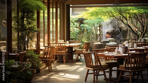 garden blurred asian restaurant interior