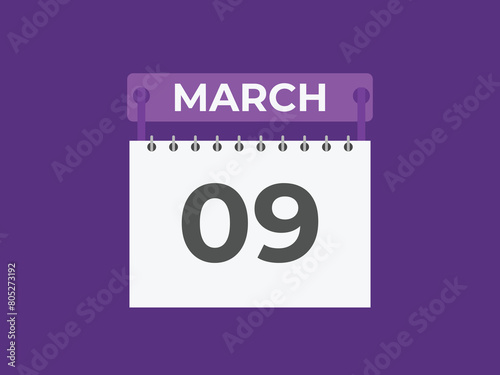March 9 calendar reminder. 9 March daily calendar icon template. Calendar 9 March icon Design template. Vector illustration