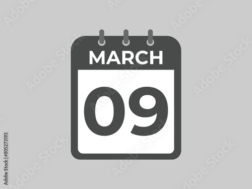 March 9 calendar reminder. 9 March daily calendar icon template. Calendar 9 March icon Design template. Vector illustration