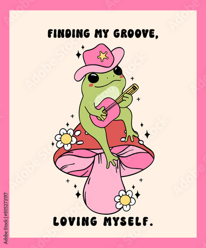 Groovy Cowboy Frog Play guitar Trendy self love Retro Minimal drawing wall art printable