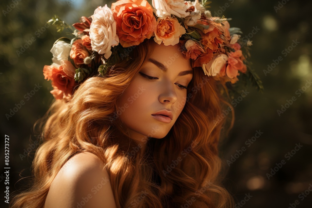 Vibrant Serene woman flower crown. Crown model hair beauty face. Generate Ai
