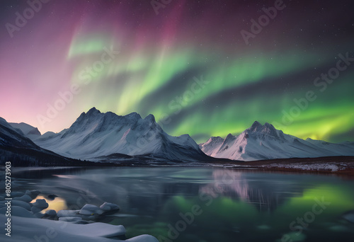 Northern Lights Over Snowy Mountains: Majestic Winter Landscape