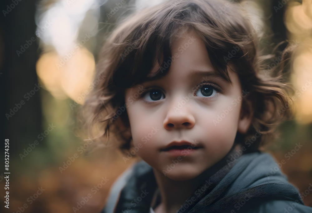 Pensive Young Boy in Autumn Forest: Soft Focus Portrait with Natural Background Pensive Young Boy in Autumn Forest: Soft Focus Portrait with Natural Background