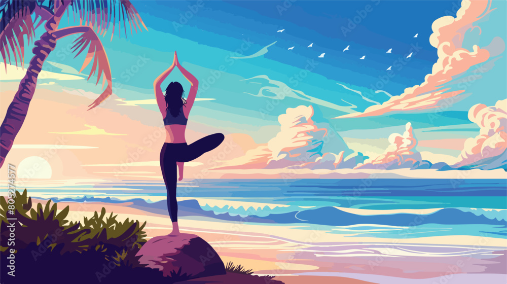 Woman practicing yoga on sea shore style vector