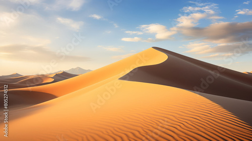 Deep golden sand spreads in undulating dunes in the desert landscape