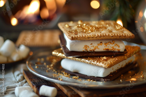 Smores with artisan chocolate gold dusted graham crackers and homemade marshmallow fireside luxury 