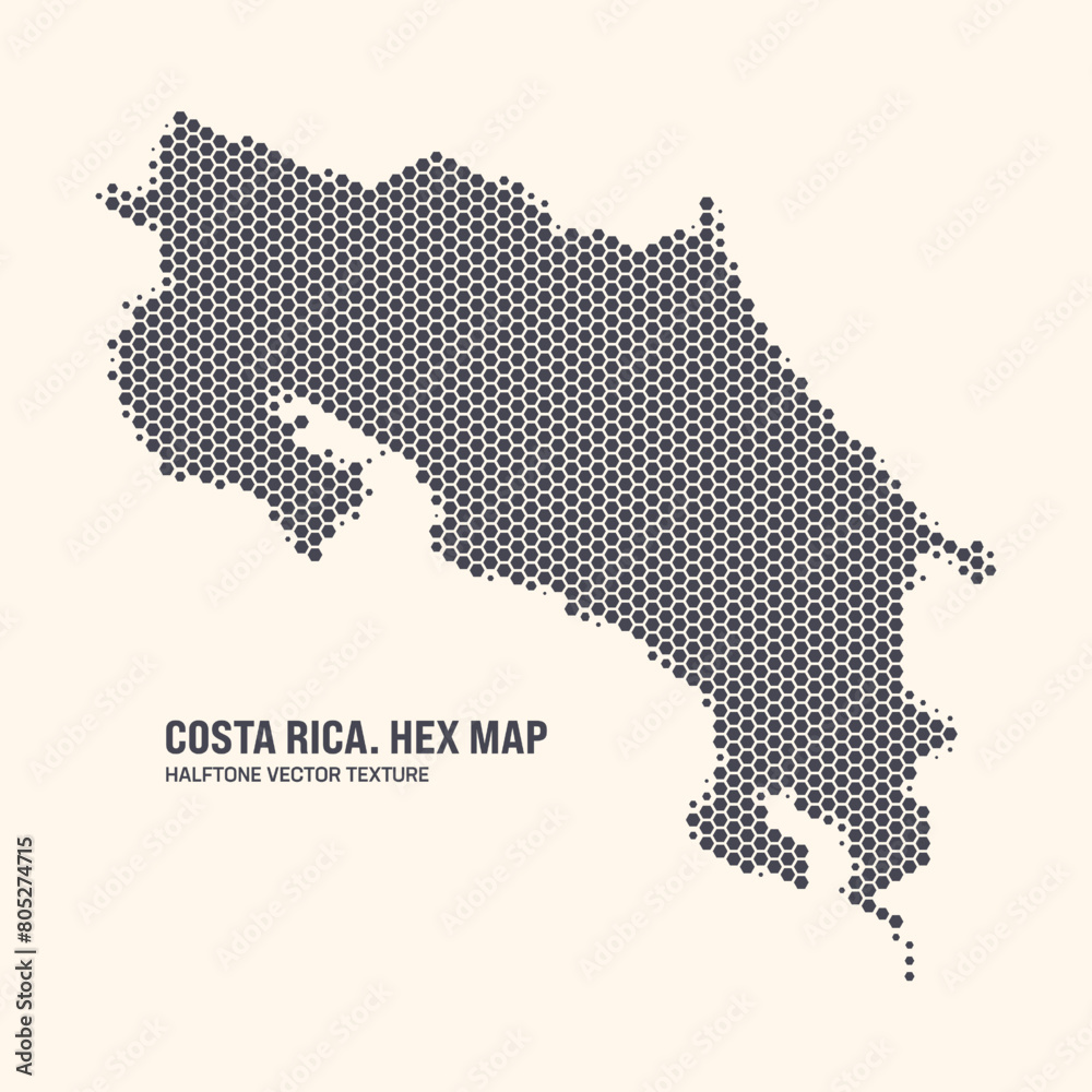 Costa Rica Map Vector Hexagonal Halftone Pattern Isolate On Light Backdrop. Hex Texture in the Form of a Map of Costa Rica. Modern Technological Contour Map of Costa Rica for Design Projects