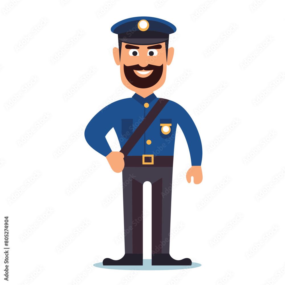 Friendly cartoon police officer smiling, standing confidently. Policeman uniform, badge visible, maintaining law order. Cheerful male cop character, representing safety, authority, protection