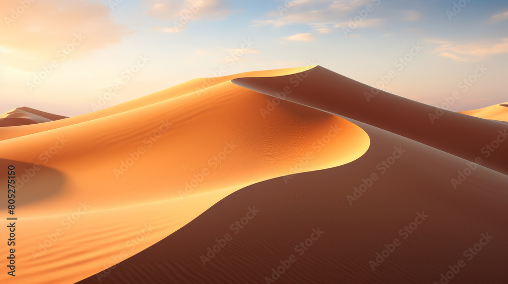 Deep golden sand spreads in undulating dunes in the desert landscape