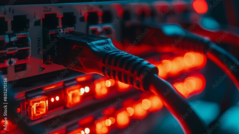 close - up of ethernet ports on a networking switch, with a red light visible in the background close - up of ethernet ports on a networking switch, with a red light visible in the background