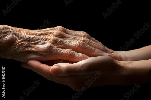 Close-up of young and elderly person holding hands as a sign of caring for seniors against black background