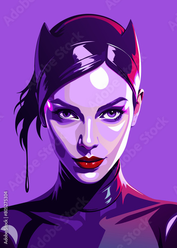 Fashion editorial Concept. Closeup portrait of woman with red lipstick blood dripping from lips and bold dark makeup, covered in black latex rubber suit headgear on bright background. copy text space