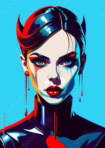 Fashion editorial Concept. Closeup portrait of woman with red lipstick blood dripping from lips and bold dark makeup, covered in black latex rubber suit headgear on bright background. copy text space