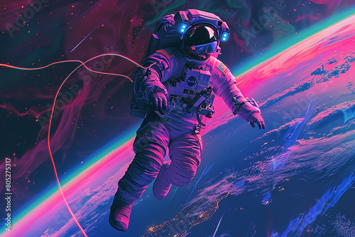 Spacewalk with a retrowave twist, astronaut tethered to a neon-outlined space shuttle, vibrant earth below 
