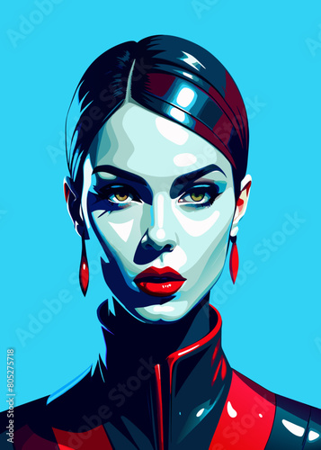 Fashion editorial Concept. Closeup portrait of woman with red lipstick blood dripping from lips and bold dark makeup, covered in black latex rubber suit headgear on bright background. copy text space
