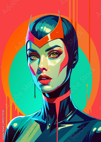 Fashion editorial Concept. Closeup portrait of woman with red lipstick blood dripping from lips and bold dark makeup, covered in black latex rubber suit headgear on bright background. copy text space