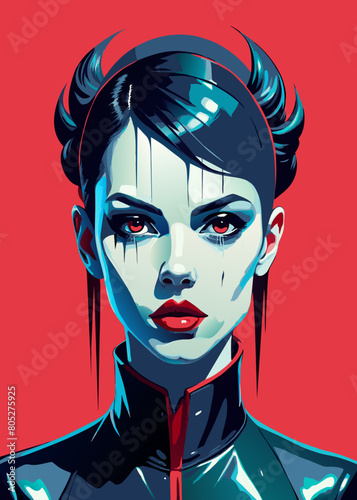 Fashion editorial Concept. Closeup portrait of woman with red lipstick blood dripping from lips and bold dark makeup, covered in black latex rubber suit headgear on bright background. copy text space
