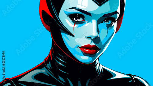 Fashion editorial Concept. Closeup portrait of woman with red lipstick blood dripping from lips and bold dark makeup, covered in black latex rubber suit headgear on bright background. copy text space