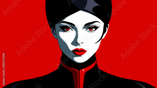 Fashion editorial Concept. Closeup portrait of woman with red lipstick blood dripping from lips and bold dark makeup, covered in black latex rubber suit headgear on bright background. copy text space