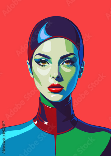 Fashion editorial Concept. Closeup portrait of woman with red lipstick blood dripping from lips and bold dark makeup, covered in black latex rubber suit headgear on bright background. copy text space