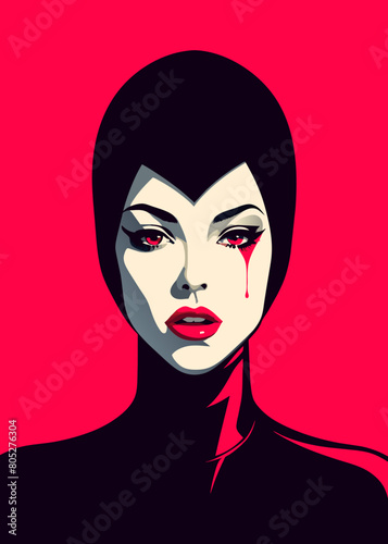 Fashion editorial Concept. Closeup portrait of woman with red lipstick blood dripping from lips and bold dark makeup, covered in black latex rubber suit headgear on bright background. copy text space