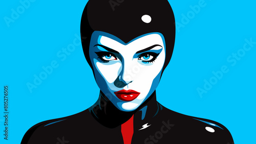 Fashion editorial Concept. Closeup portrait of woman with red lipstick blood dripping from lips and bold dark makeup, covered in black latex rubber suit headgear on bright background. copy text space