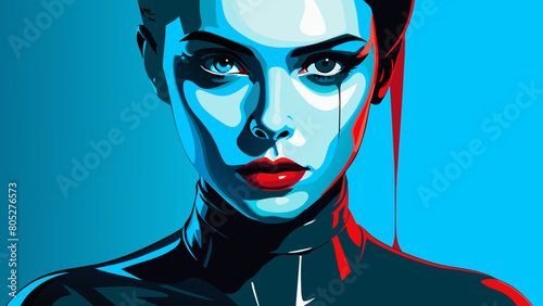 Fashion editorial Concept. Closeup portrait of woman with red lipstick blood dripping from lips and bold dark makeup, covered in black latex rubber suit headgear on bright background. copy text space