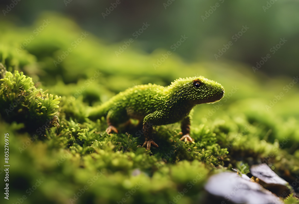 Tiny Moss-Covered Lizard in Lush Green Environment: Camouflaged Reptile Tiny Moss-Covered Lizard in Lush Green Environment: Camouflaged Reptile