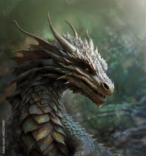portrait of beautiful wisdom forest grey-green dragon. close up. mythology and horoscope concept. AI generated