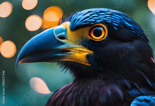 Intense Close-Up of a Black Casqued Hornbill with Vibrant Orange Eyes and Blue Details photo