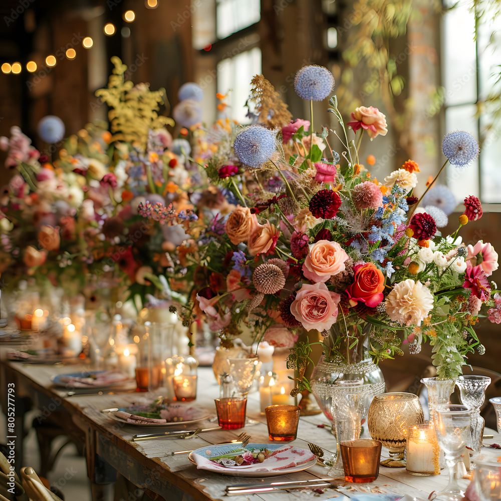 Elegant table with roses, candles, and flower arrangements