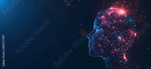Abstract polygonal human head profile with glowing dots on a dark blue background vector illustration, in the style of artificial intelligence concept design technology and business idea