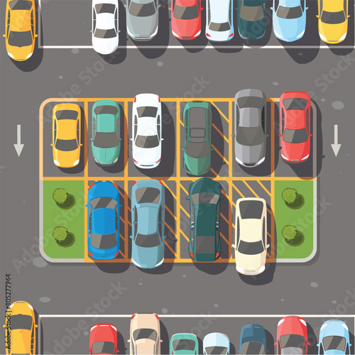 Topdown view colorful parked cars parking lot, outdoor parking spaces, driving lanes. Birdseye city illustration, vector cars rows, asphalt surface, greenery. Cartoonstyle vehicles image, traffic