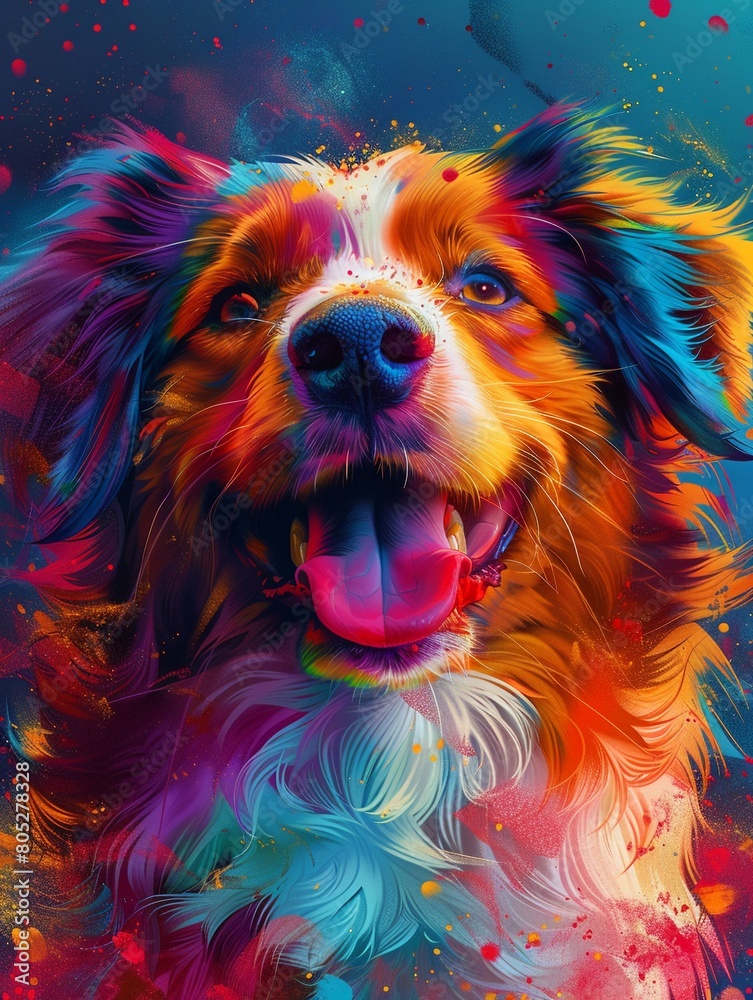 Hilarious and plump dog depicted in a digital painting, featuring a palette of vibrant, joyful colors